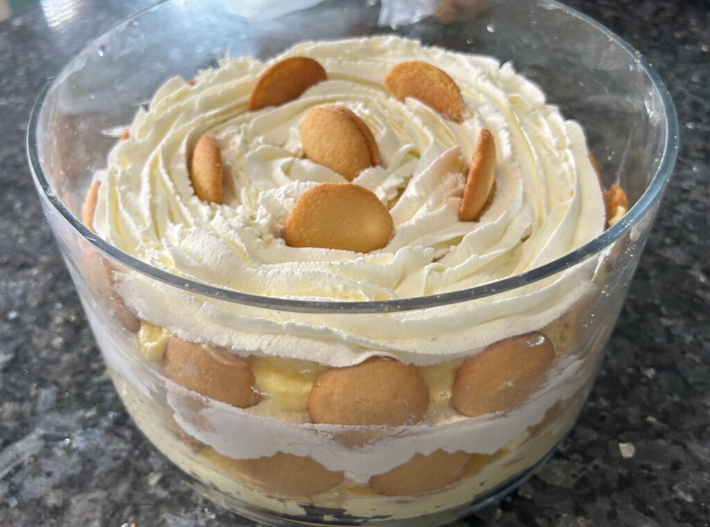 classic banana pudding in trifle bowl