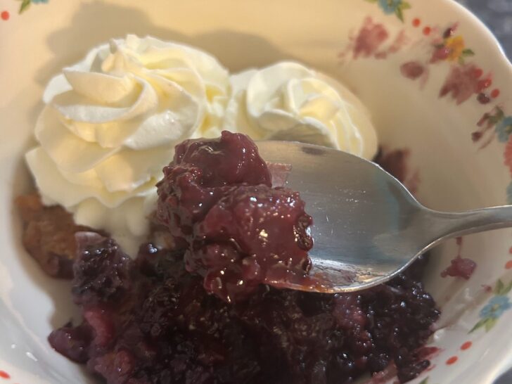 cast iron cobbler in bowl with whipped cream