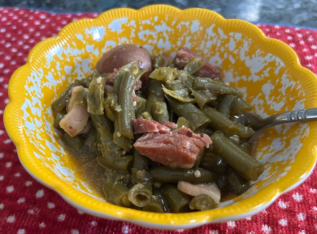 green beans and potatoes in bowl, ready to eat