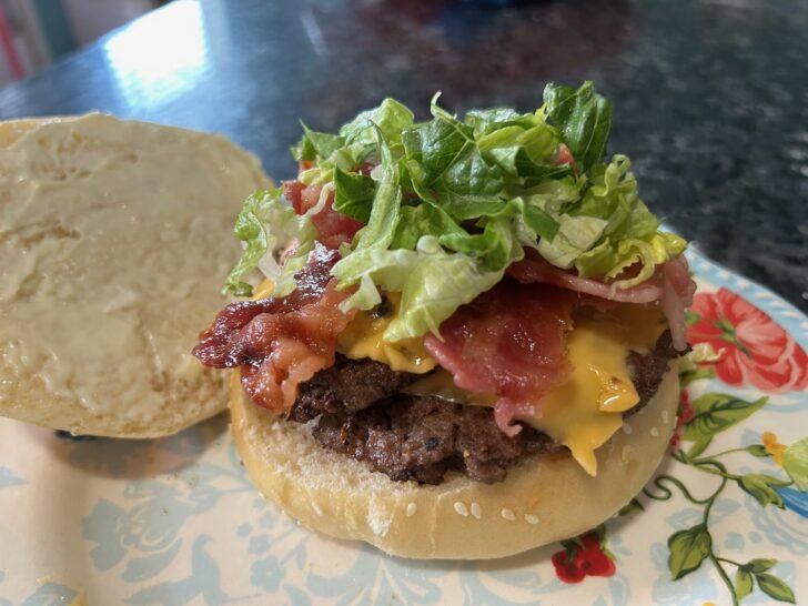 bacon double cheeseburger prepped to eat