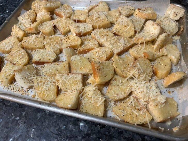 Garlic Parmesan Bread Crisps (seasoned and ready to go in the oven)