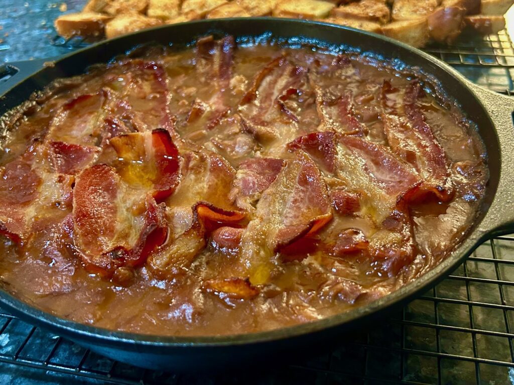 delicious baked beans in cast iron skillet