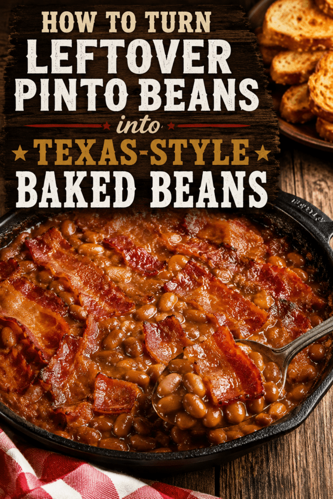 delicious baked beans in cast iron skillet pin for pinterest