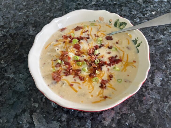 Loaded Baked Potato Soup in pretty bowl