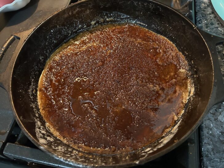 brown sugar and butter in the bottom of a cast iron skillet