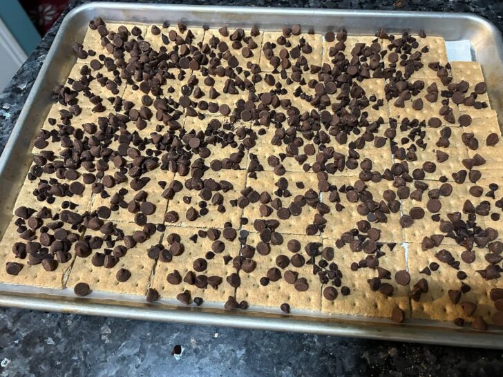chocolate chips on graham crackers