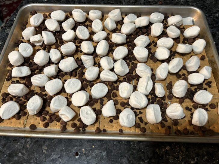 s'mores on baking sheet before going in the oven