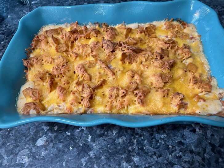 Easy King Ranch Chicken (Texas Style) baked in casserole dish