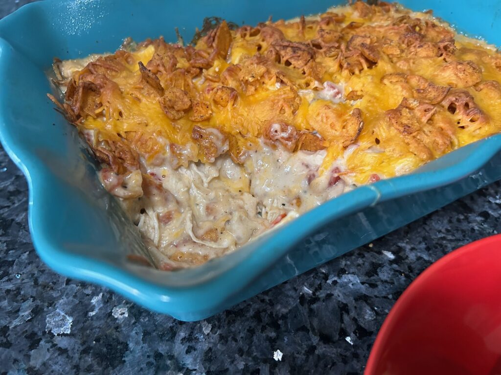 Easy King Ranch Chicken (Texas Style) in casserole dish