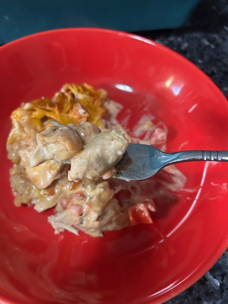 Easy King Ranch Chicken (Texas Style) serving in bowl with fork
