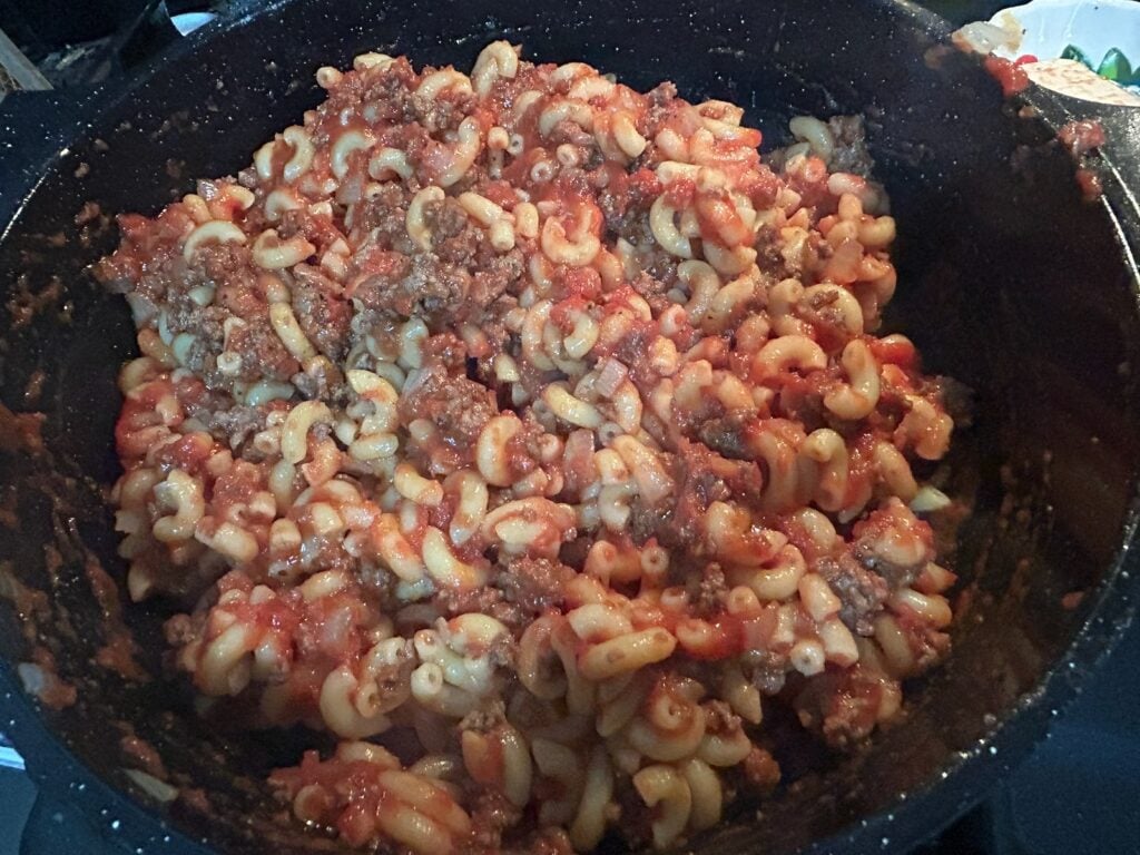 goulash mixed in pan