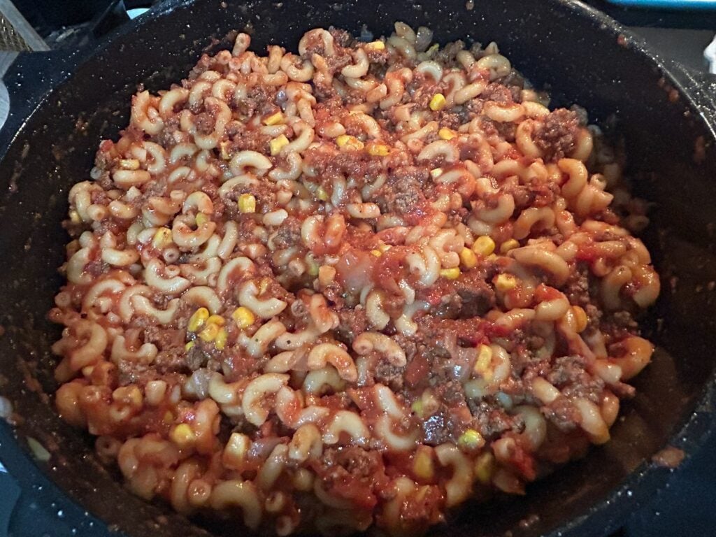 goulash mixed in pan
