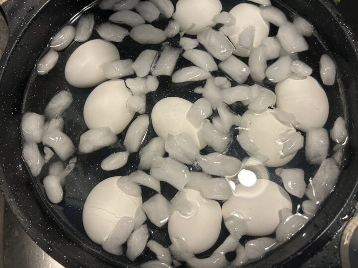 boiled eggs in a bowl with ice water