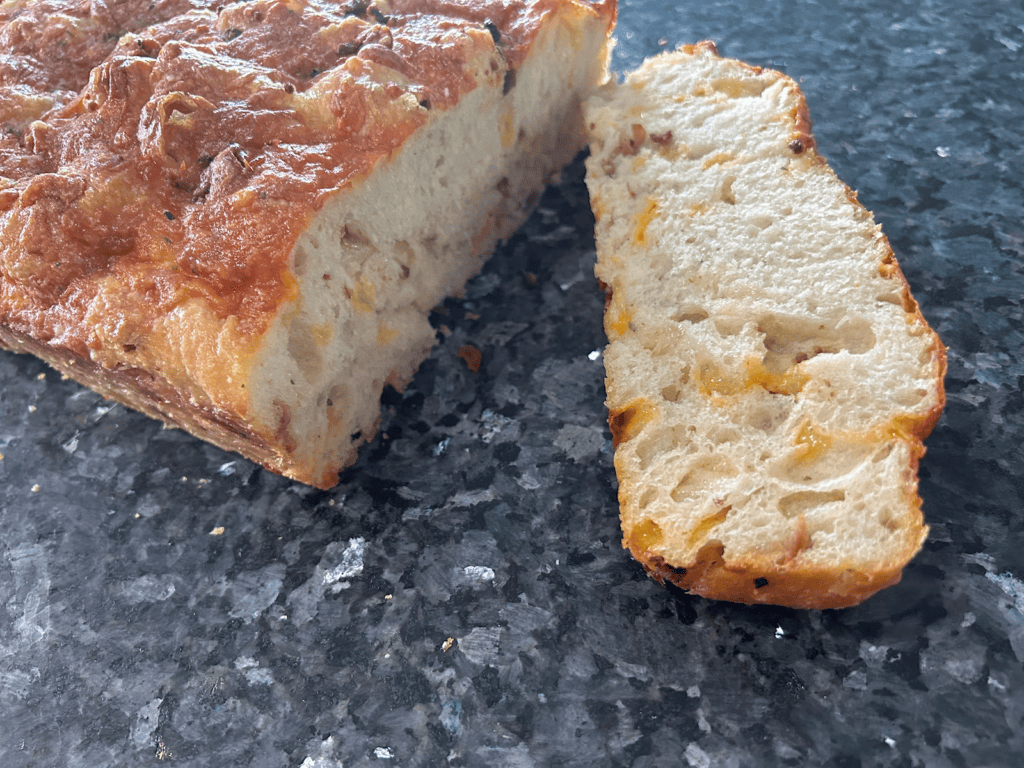 Bacon Cheddar Ranch Sourdough Focaccia sliced