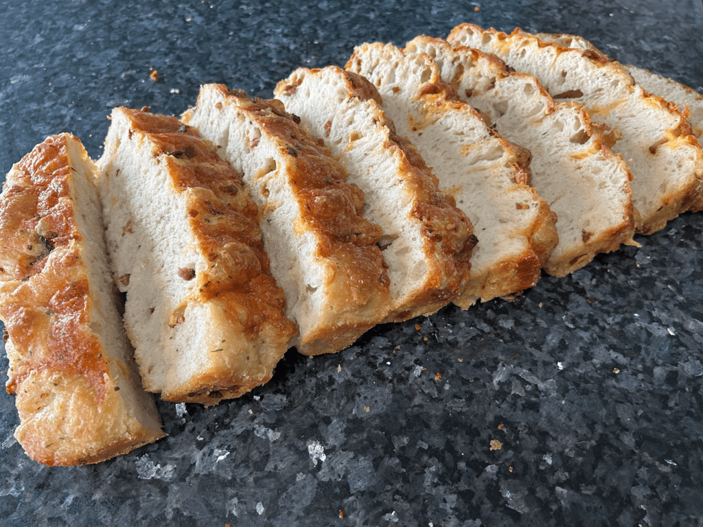 Bacon Cheddar Ranch Sourdough Focaccia sliced
