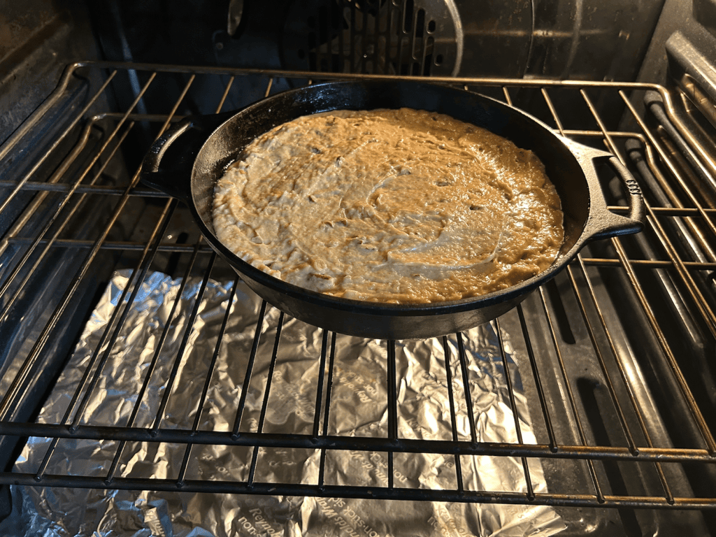 Easy Skillet Applesauce Cake in oven
