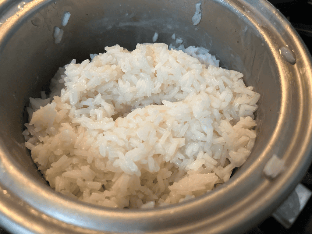 white rice in pan