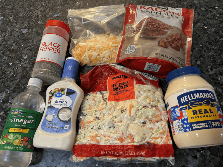5-Minute Bacon Cheddar Ranch Coleslaw ingredients