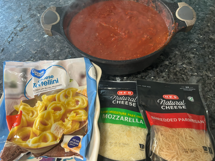 Easy Cheesy Baked Tortellini with Homemade Meat Sauce