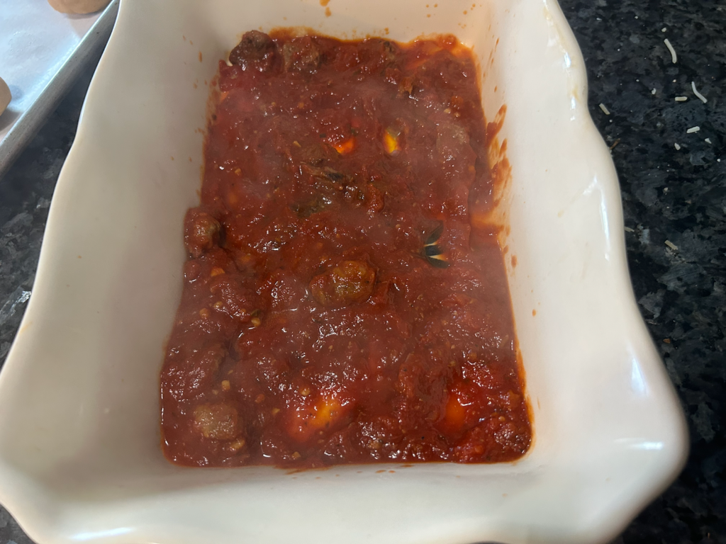 Easy Cheesy Baked Tortellini with Homemade Meat Sauce layers