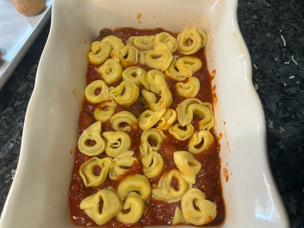 Easy Cheesy Baked Tortellini with Homemade Meat Sauce layers