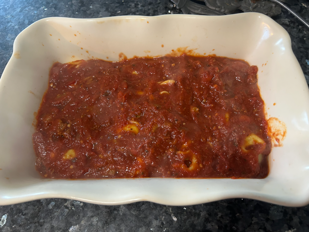 Easy Cheesy Baked Tortellini with Homemade Meat Sauce layers