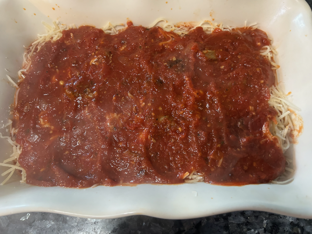 Easy Cheesy Baked Tortellini with Homemade Meat Sauce layers
