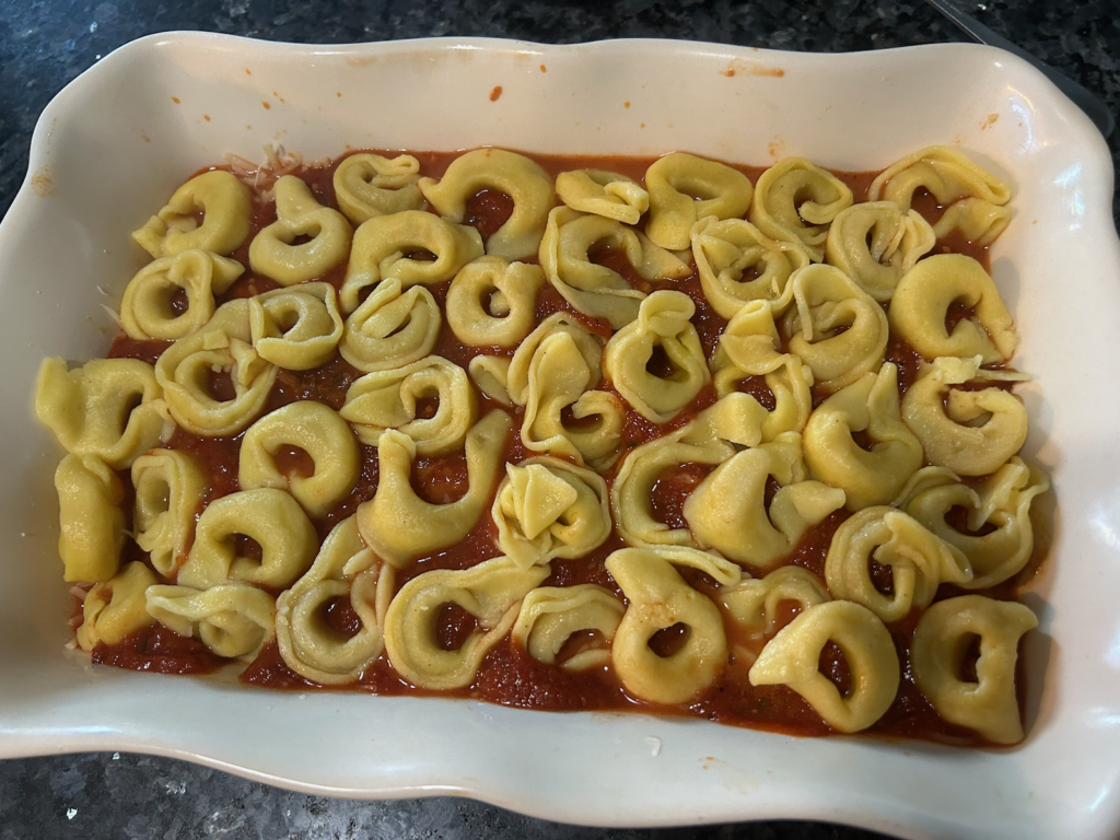 Easy Cheesy Baked Tortellini with Homemade Meat Sauce layers
