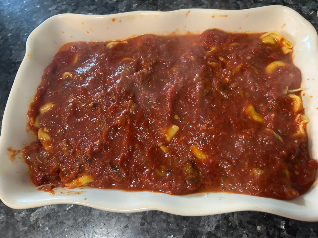 Easy Cheesy Baked Tortellini with Homemade Meat Sauce layers