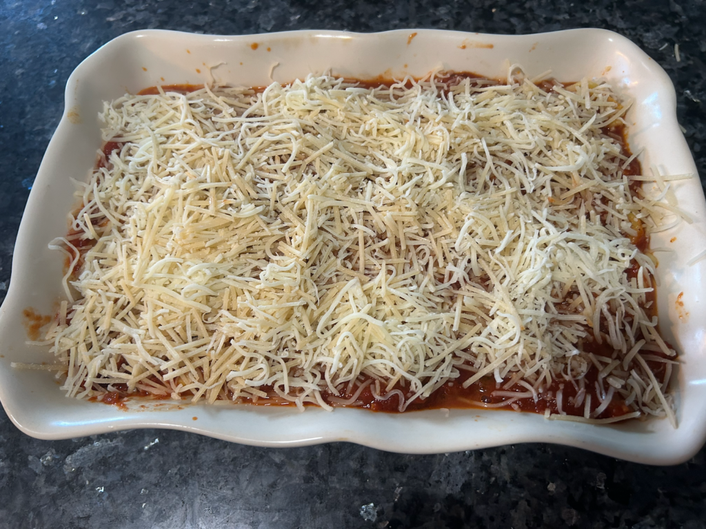 Easy Cheesy Baked Tortellini with Homemade Meat Sauce layers