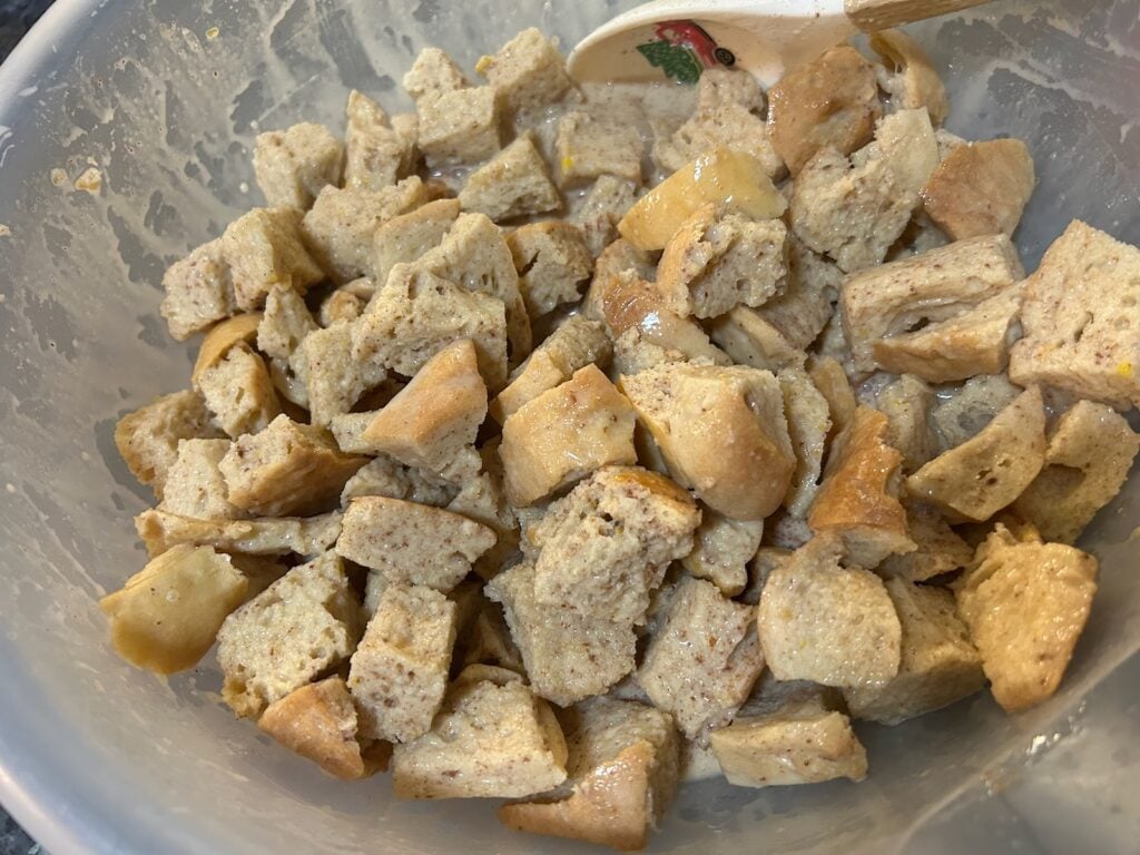 bread pudding custard poured over cubed bread