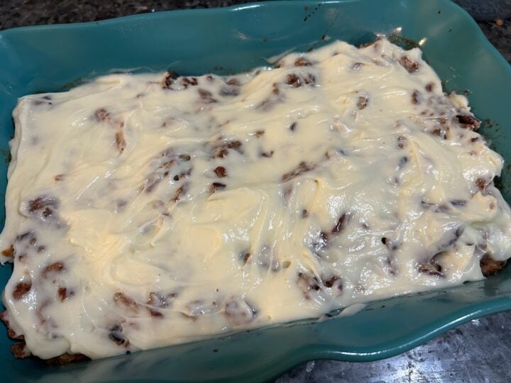 Cinnamon Roll French Toast Casserole with cream cheese frosting