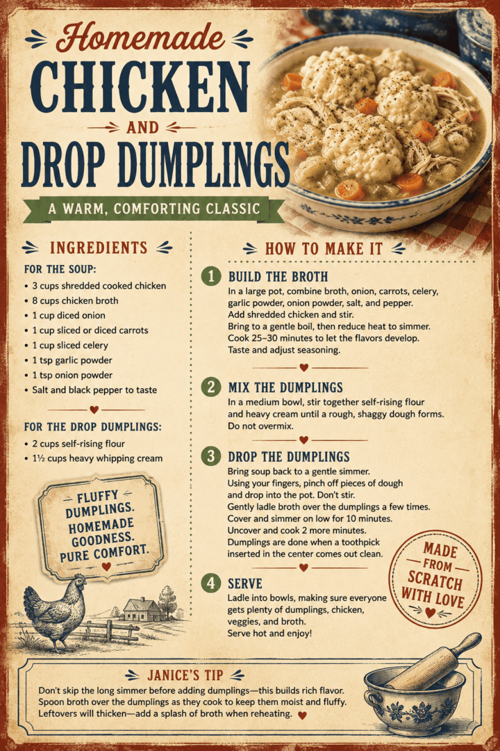 Homemade Chicken and Dumplings vintage recipe card for pinterest