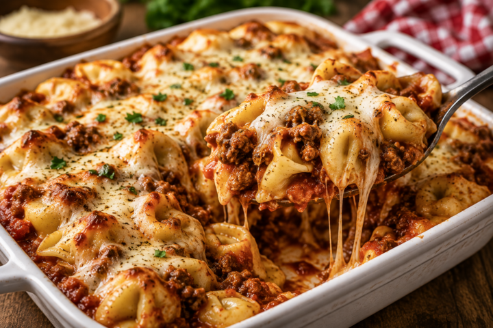Easy Cheesy Baked Tortellini with Homemade Meat Sauce