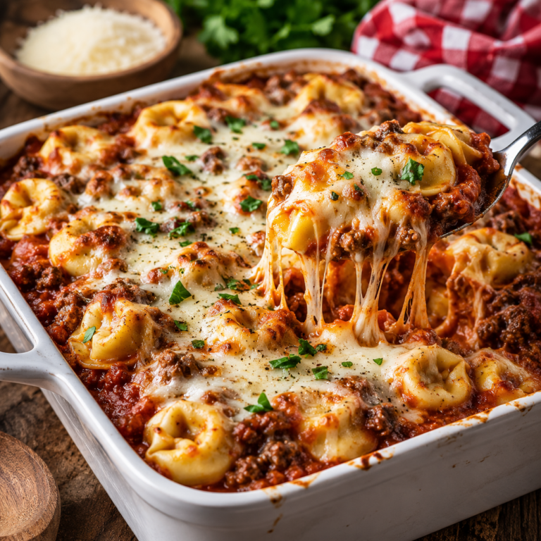 Easy Cheesy Baked Tortellini with Homemade Meat Sauce