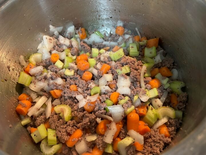 veggies added to ground beef in pan