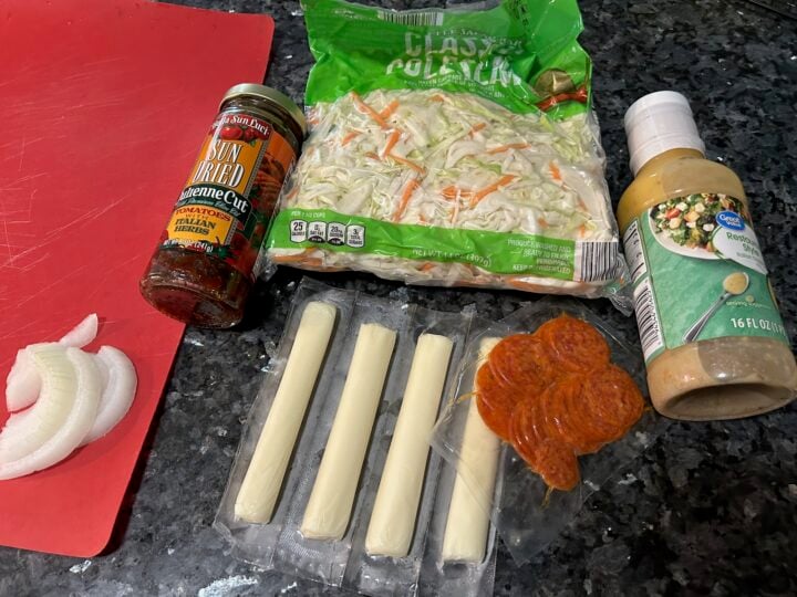 Easy Italian Coleslaw with Pepperoni and Mozzarella ingredients