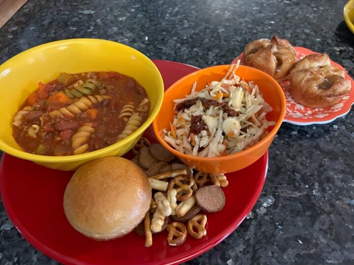 soup, slaw, bread, dessert