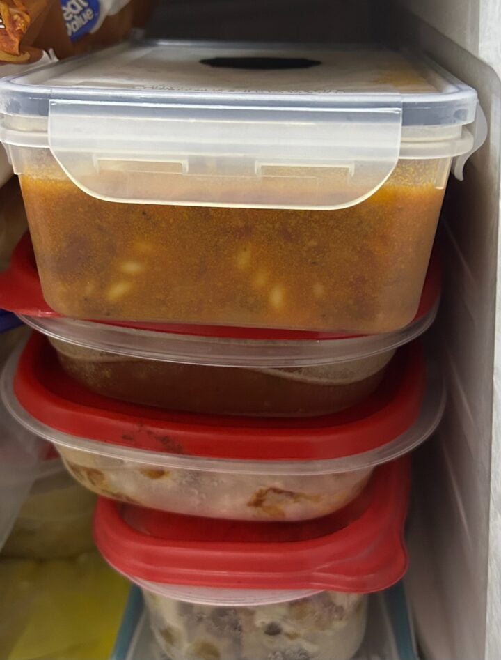 Easy Pasta Fagioli Soup with Ground Beef in container in freezer