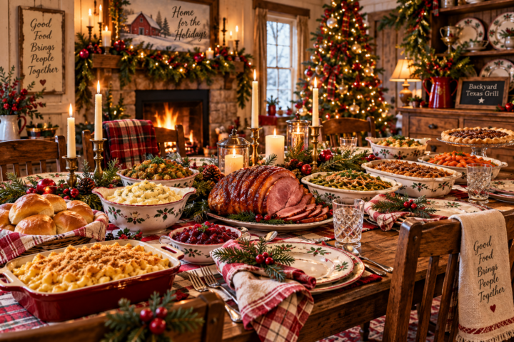 holiday table set with foods