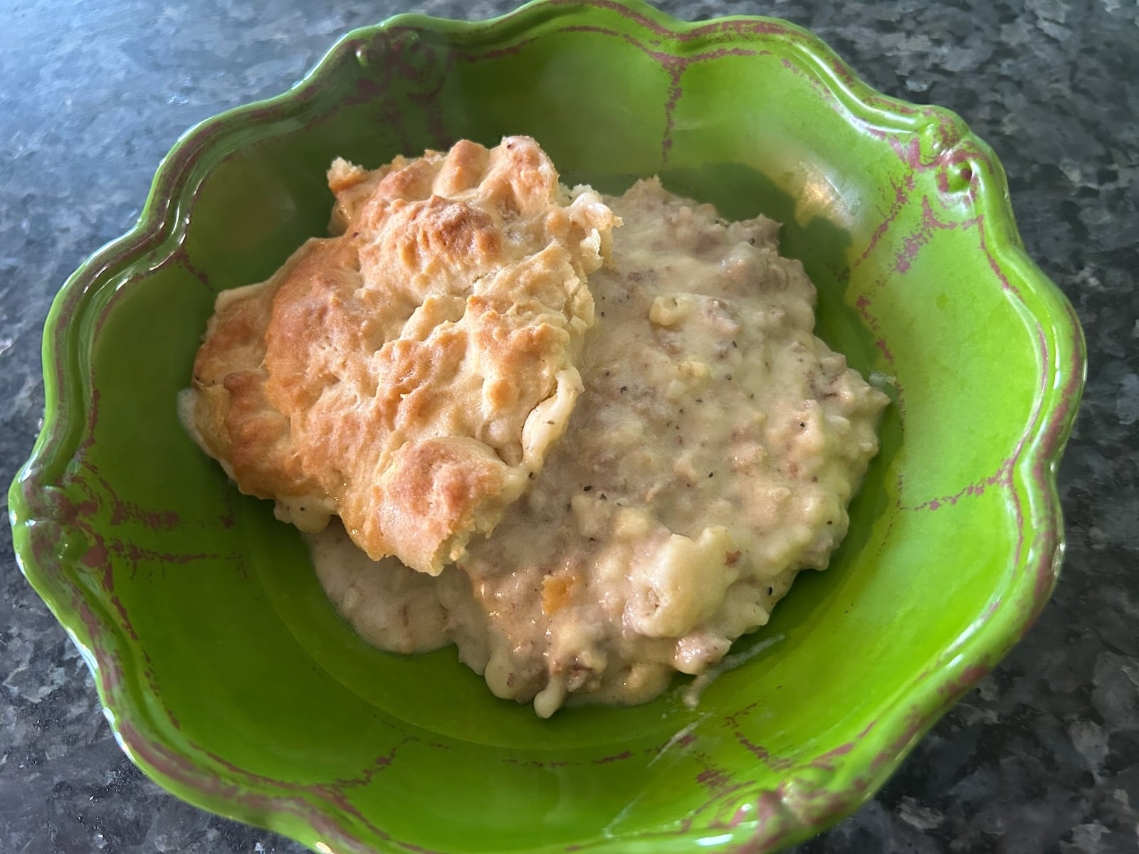 Biscuits and Sausage Gravy in bowl