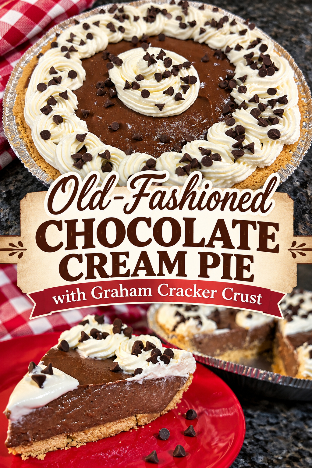 old-fashioned chocolate cream pie with graham cracker crust